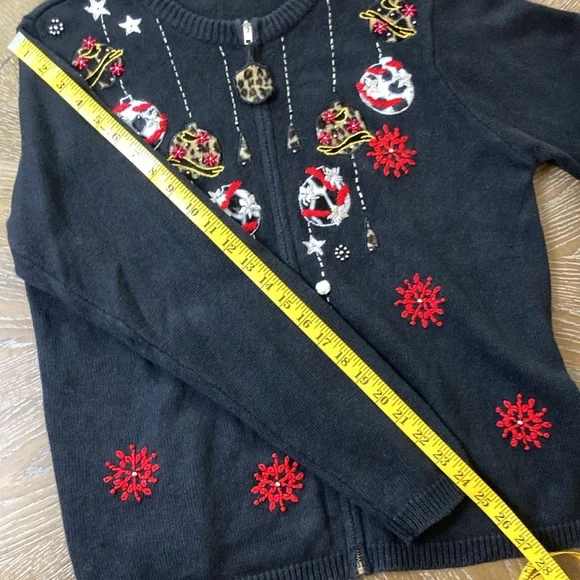 Victoria Jones Black Embroidered Christmas Holiday Cardigan Leopard Print Medium - Picture 15 of 15